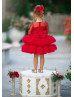 Long Sleeves Red Lace Tulle Ruffled Flower Girl Dress